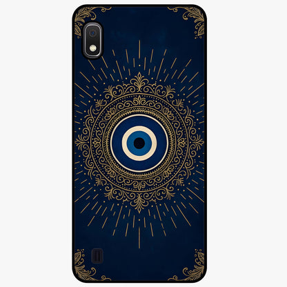 Golden Evil Eye Mandala Glass Case showing flat back view with intricate evil eye mandala artwork and glossy glass finish.