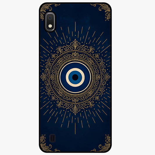 Golden Evil Eye Mandala Glass Case showing flat back view with intricate evil eye mandala artwork and glossy glass finish.