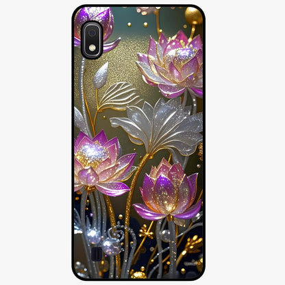 Golden Lotus Glow Glass Case showing flat back view with glowing lotus flower artwork and glossy glass finish.