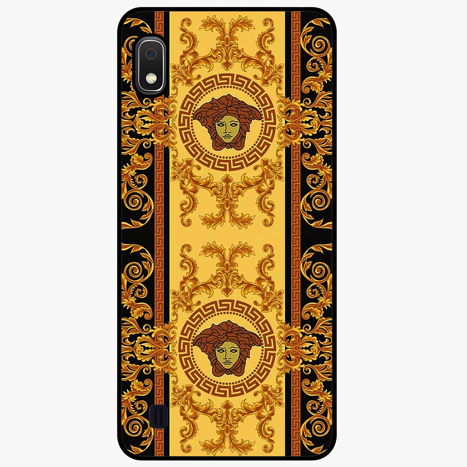 Golden Royal Heritage Glass Case showing flat back view with ornate royal pattern artwork and glossy glass finish.