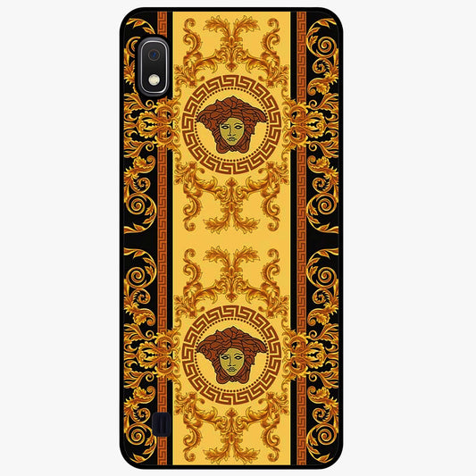 Golden Royal Heritage Glass Case showing flat back view with ornate royal pattern artwork and glossy glass finish.
