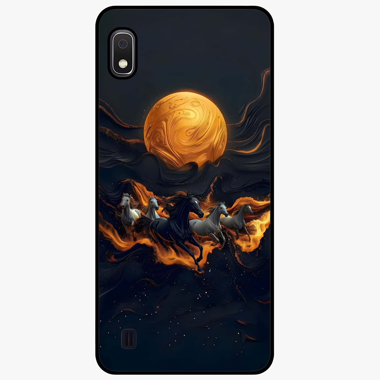 Golden Stallion Moonride Glass Case showing flat back view with majestic horse under moonlight artwork and glossy glass finish.