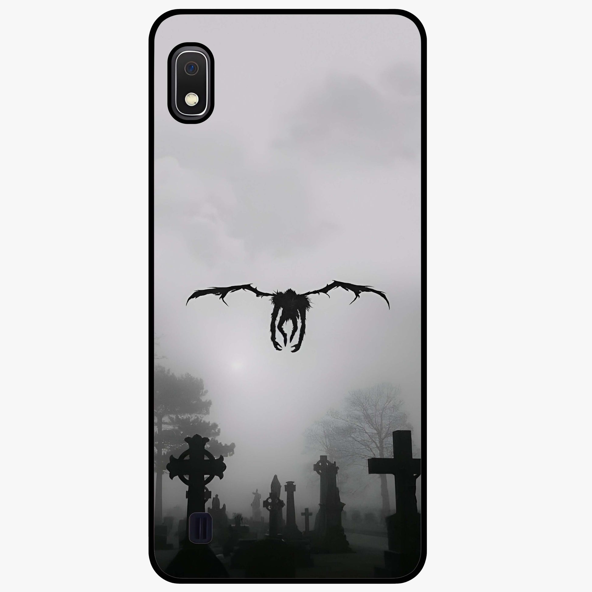 Graveyard Shadow Descent Glass Case showing flat back view with dark graveyard themed artwork and glossy glass finish.