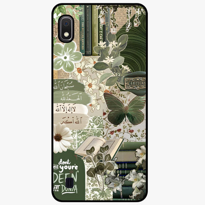 Green Islamic Books Quotes Glass Case showing flat back view with Islamic quotes and book themed artwork and glossy glass finish.