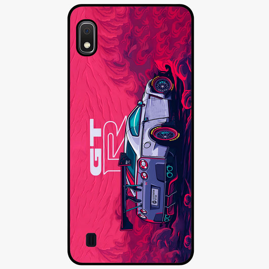 GT-R Car Pattern Glass Case showing flat back view with sporty car inspired pattern artwork and glossy glass finish.