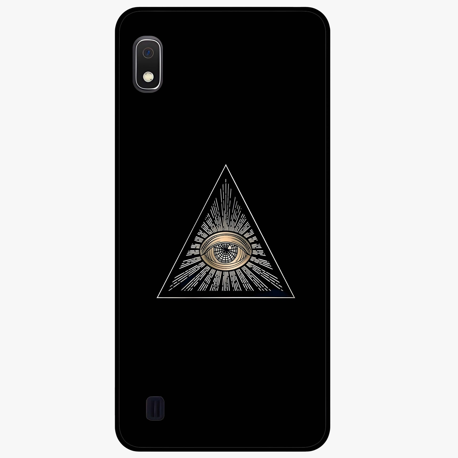Illuminati Evil Glass Case showing flat back view with mysterious illuminati symbol artwork and glossy glass finish.