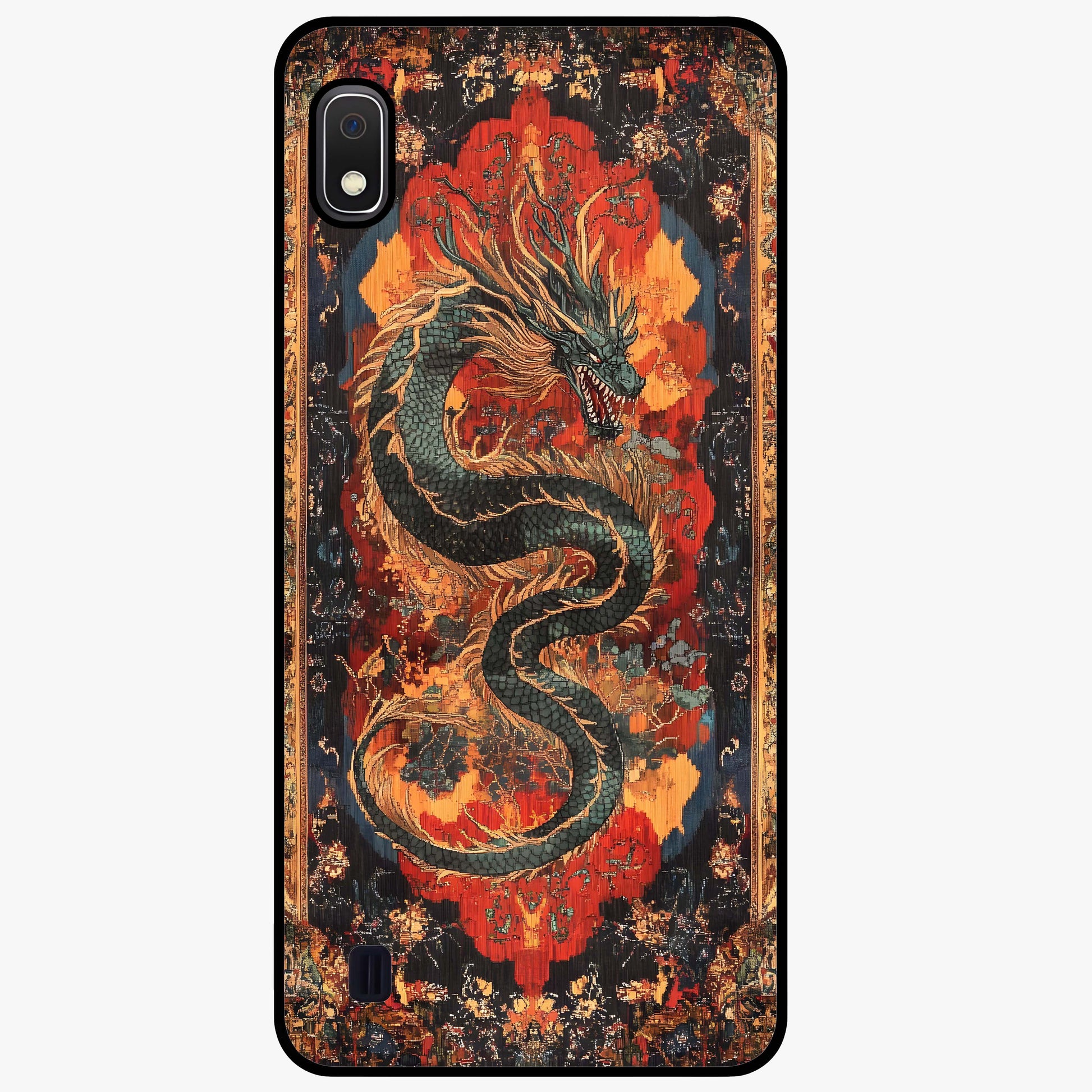 Inferno Dragon Soul Glass Case showing flat back view with fiery dragon artwork and glossy glass finish.