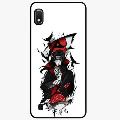 Itachi Sharingan Glass Case showing flat back view with powerful anime eye artwork and glossy glass finish.