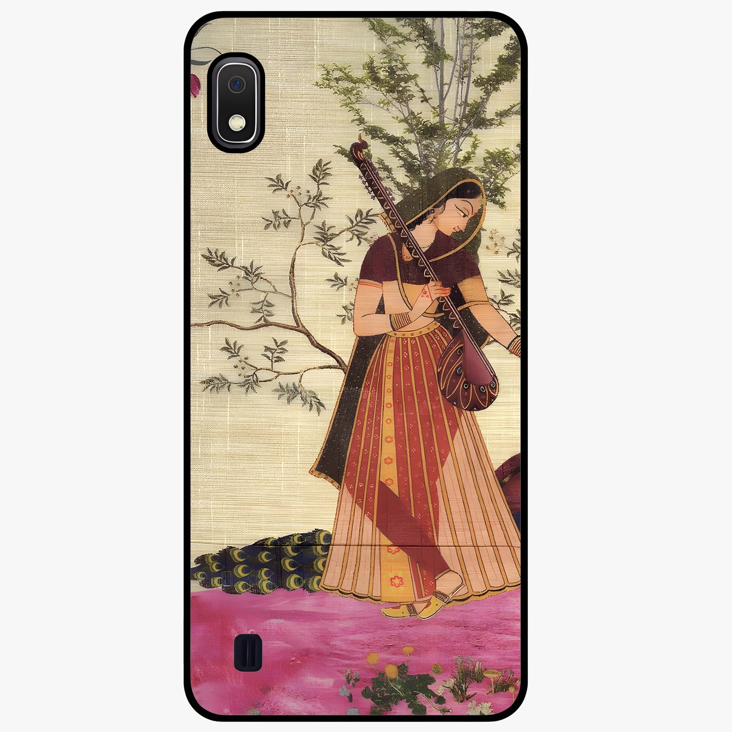 Lady With Veena Art Glass Case showing flat back view with elegant woman playing veena artwork and glossy glass finish.