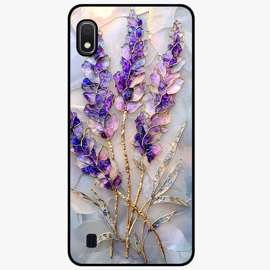 Lavender Dream Glow Glass Case showing flat back view with glowing lavender aesthetic artwork and glossy glass finish.
