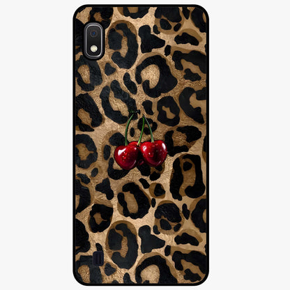 Leopard Wild Cherry Glass Case showing flat back view with leopard pattern and cherry artwork and glossy glass finish.