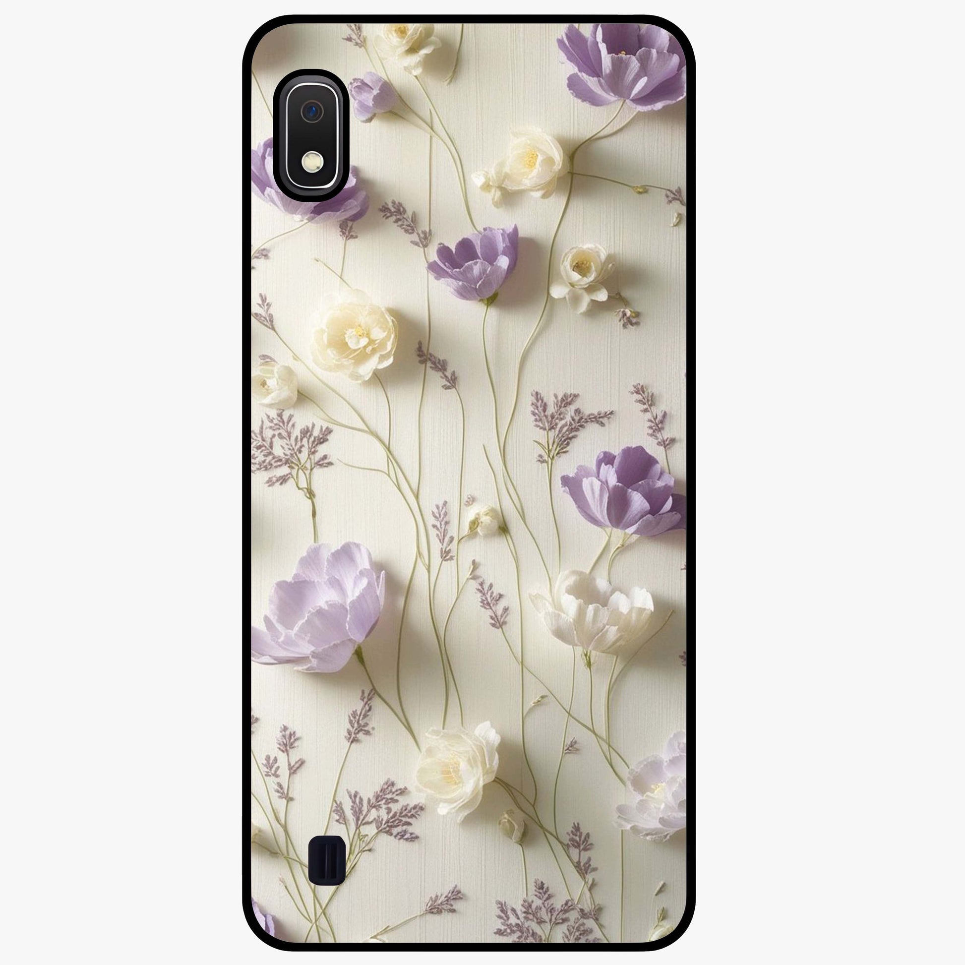 Lilac Breeze Harmony Glass Case showing flat back view with soft lilac themed artwork and glossy glass finish.