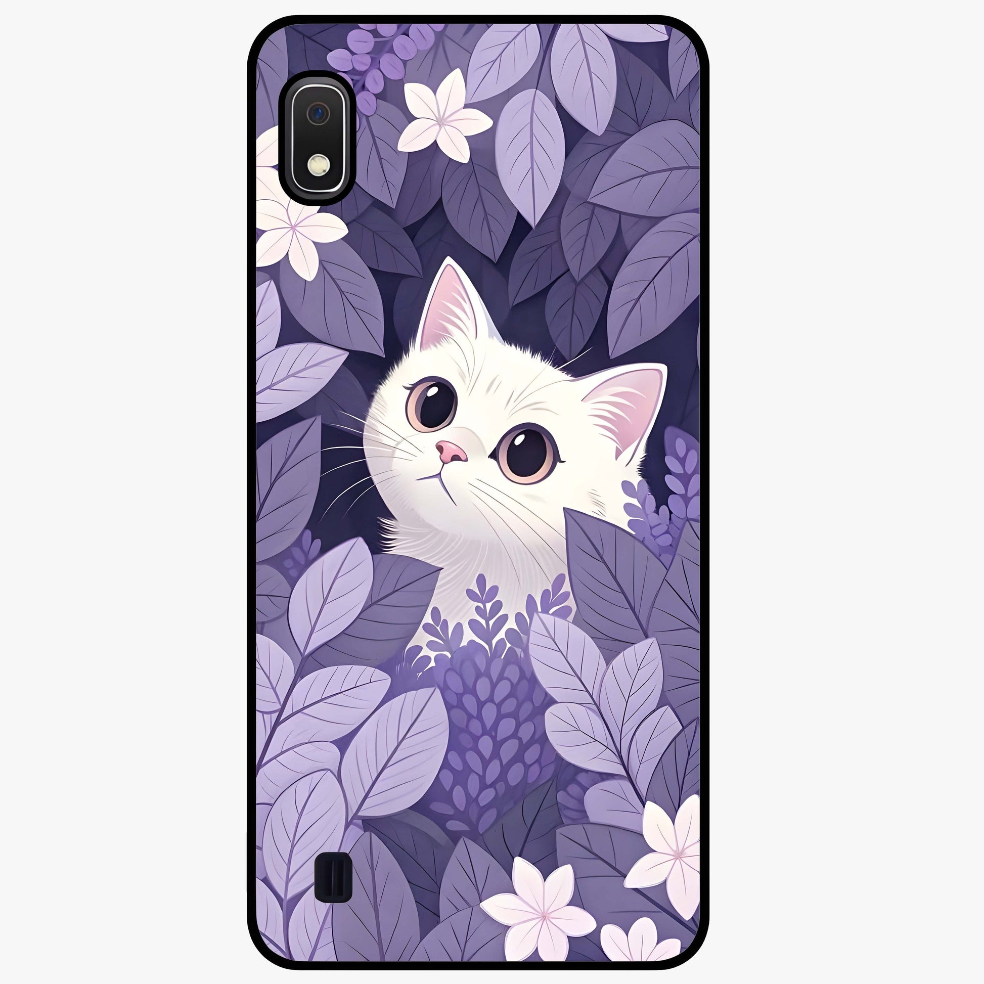 Lilac Hide Peek Cat Glass Case showing flat back view with cute peeking cat artwork and glossy glass finish.