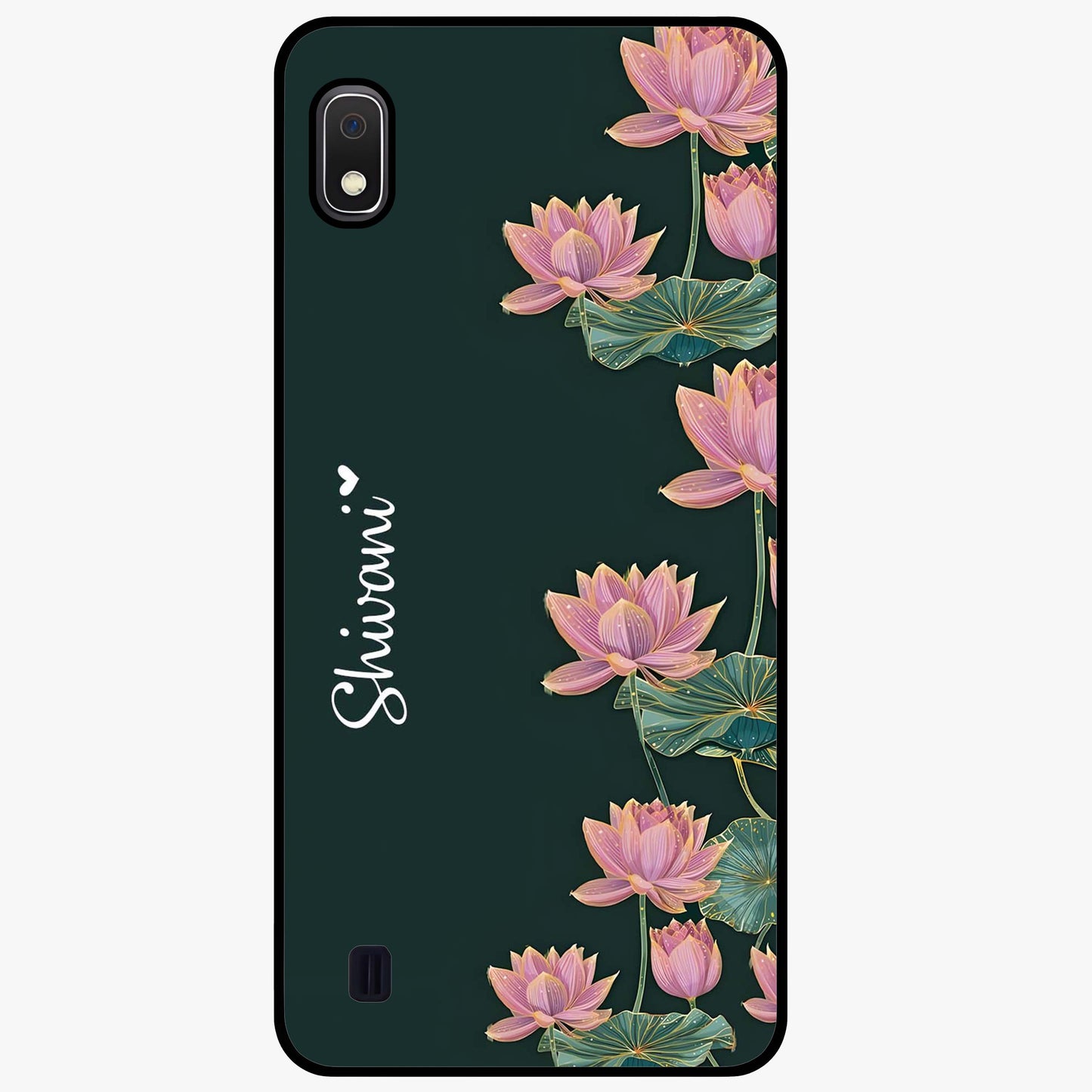 Lotus Bloom Serenity Custom Name Glass Case showing flat back view with elegant lotus flower artwork and personalized name design.