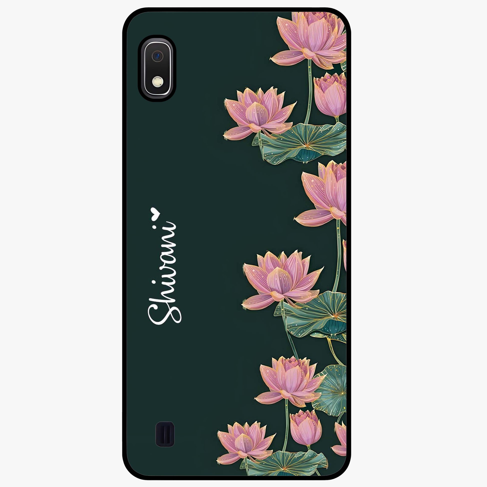 Lotus Bloom Serenity Custom Name Glass Case showing flat back view with elegant lotus flower artwork and personalized name design.