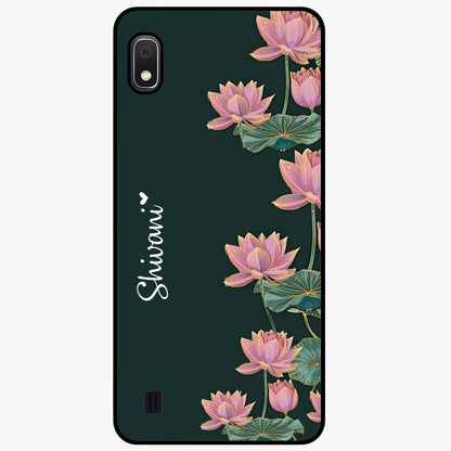 Lotus Bloom Serenity Custom Name Glass Case showing flat back view with elegant lotus flower artwork and personalized name design.