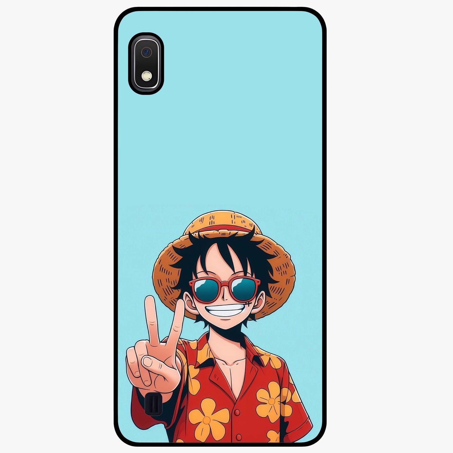 Luffy Summer Anime Vibe Glass Case showing flat back view with vibrant anime character artwork and glossy glass finish.