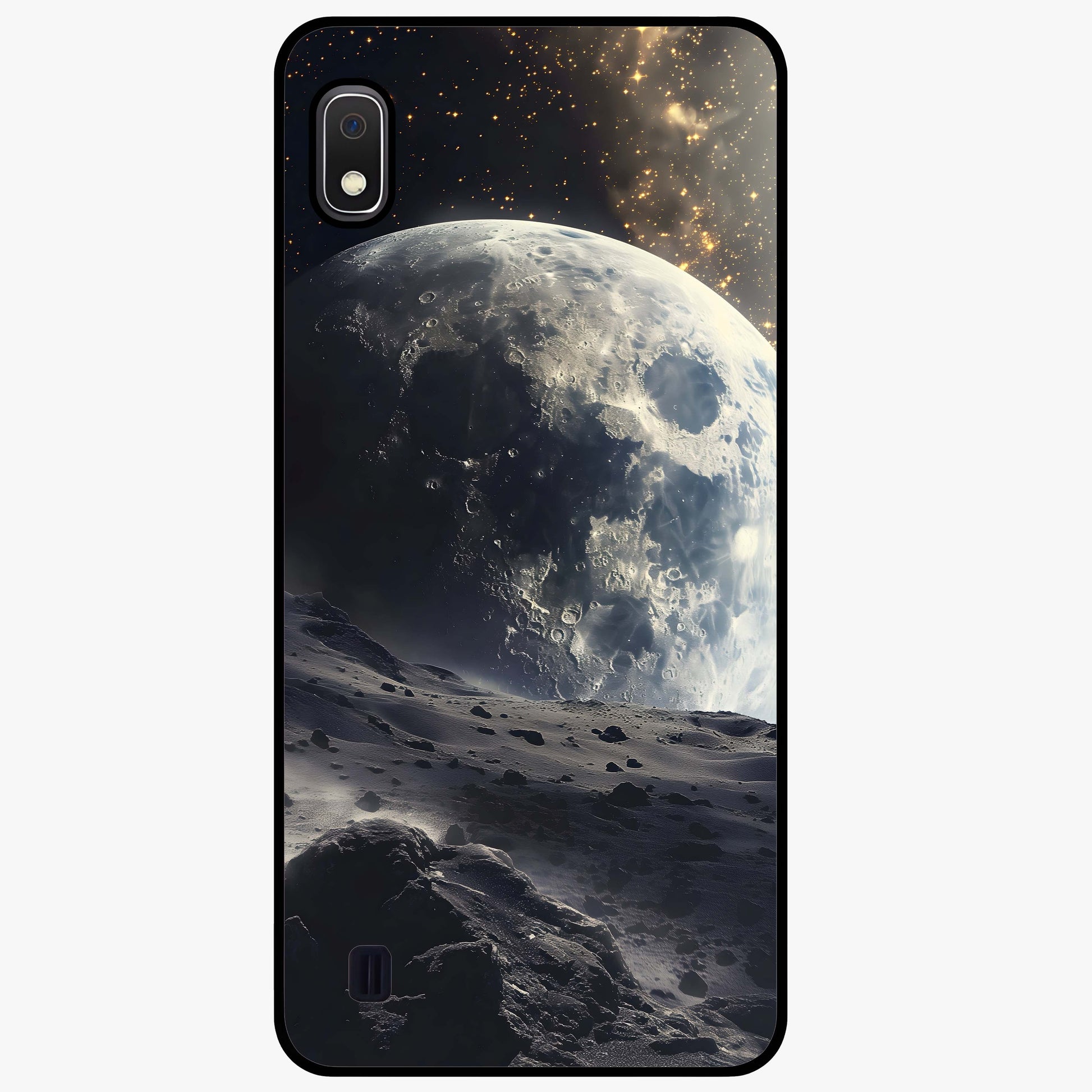 Lunar Horizon Glow Glass Case showing flat back view with glowing moon horizon artwork and glossy glass finish.