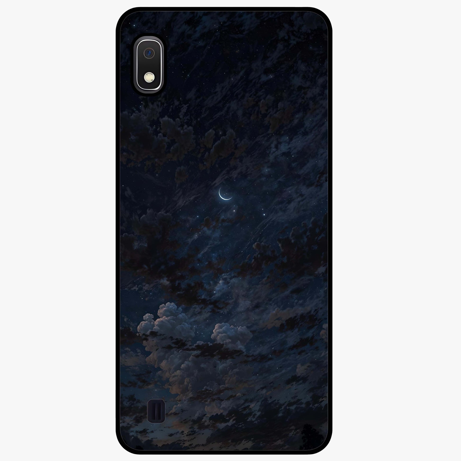 Lunar Veil Silence Glass Case showing flat back view with mystical moon veil artwork and glossy glass finish.