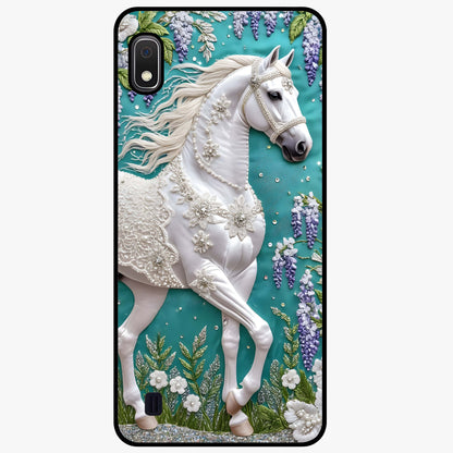 Majestic Floral Stallion Glass Case showing flat back view with powerful horse and floral artwork and glossy glass finish.