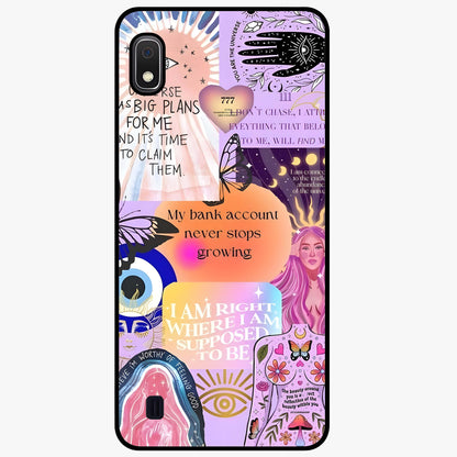 Manifestation Collage Glass Case showing flat back view with motivational collage artwork and glossy glass finish.