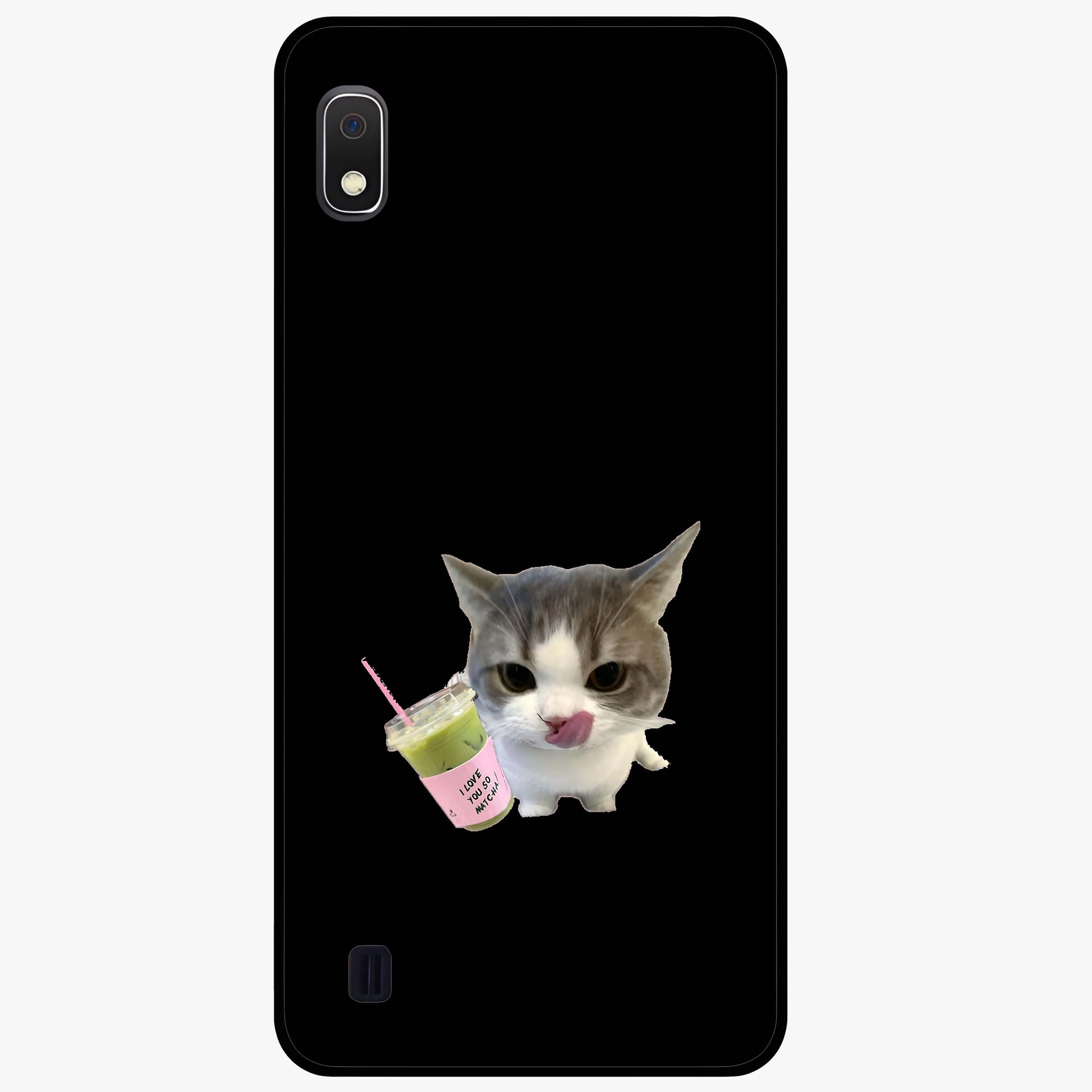 Matcha Cat Style Glass Case showing flat back view with cute matcha themed cat artwork and glossy glass finish.