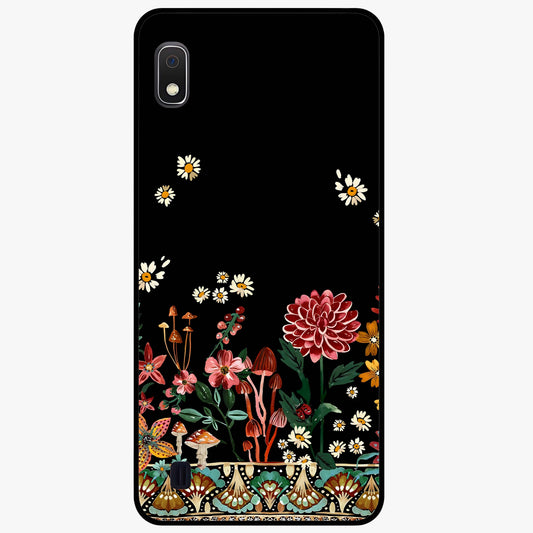 Midnight Bloom Pattern Glass Case showing flat back view with dark floral pattern artwork and glossy glass finish.