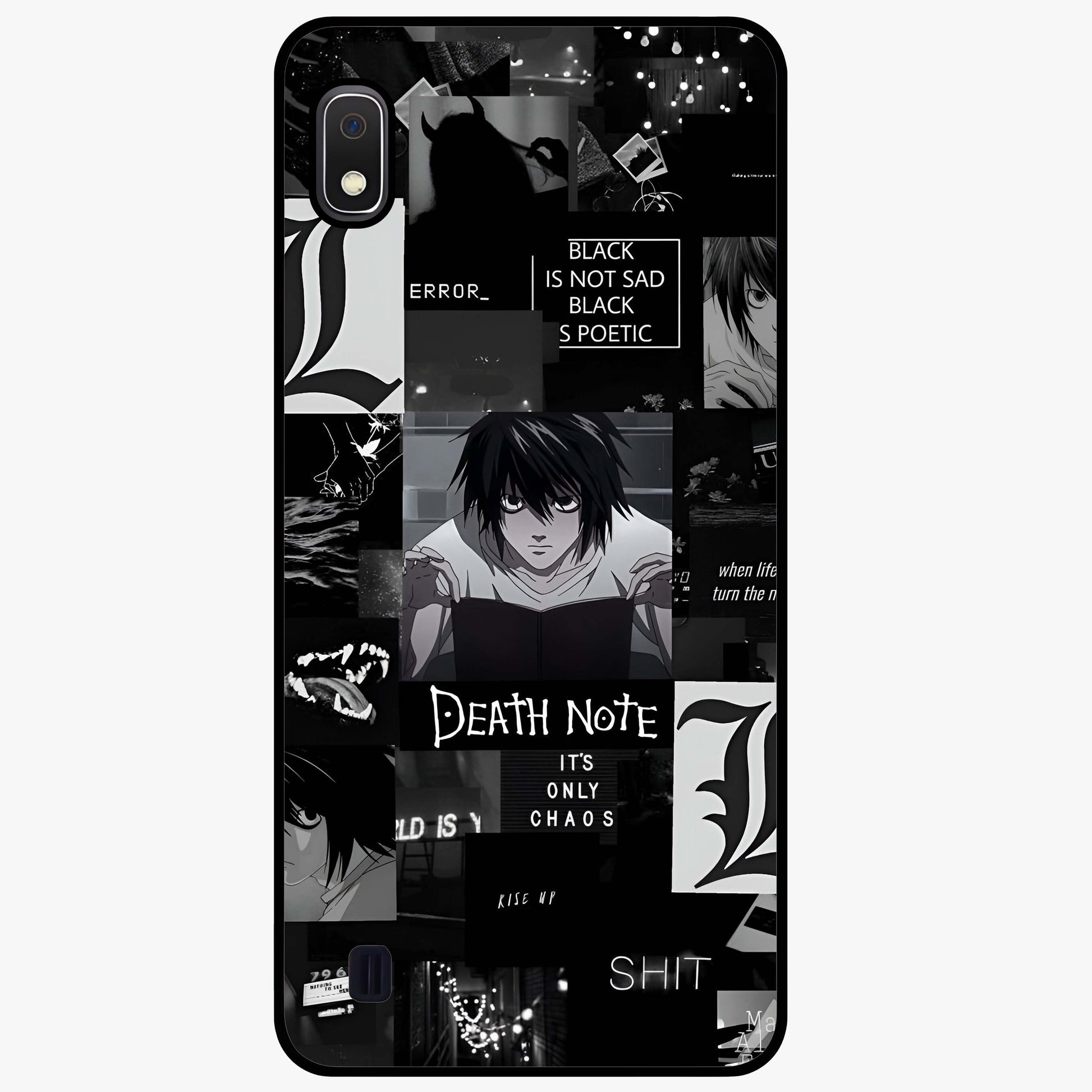 Midnight Chaos Mind Glass Case showing flat back view with abstract dark themed artwork and glossy glass finish.