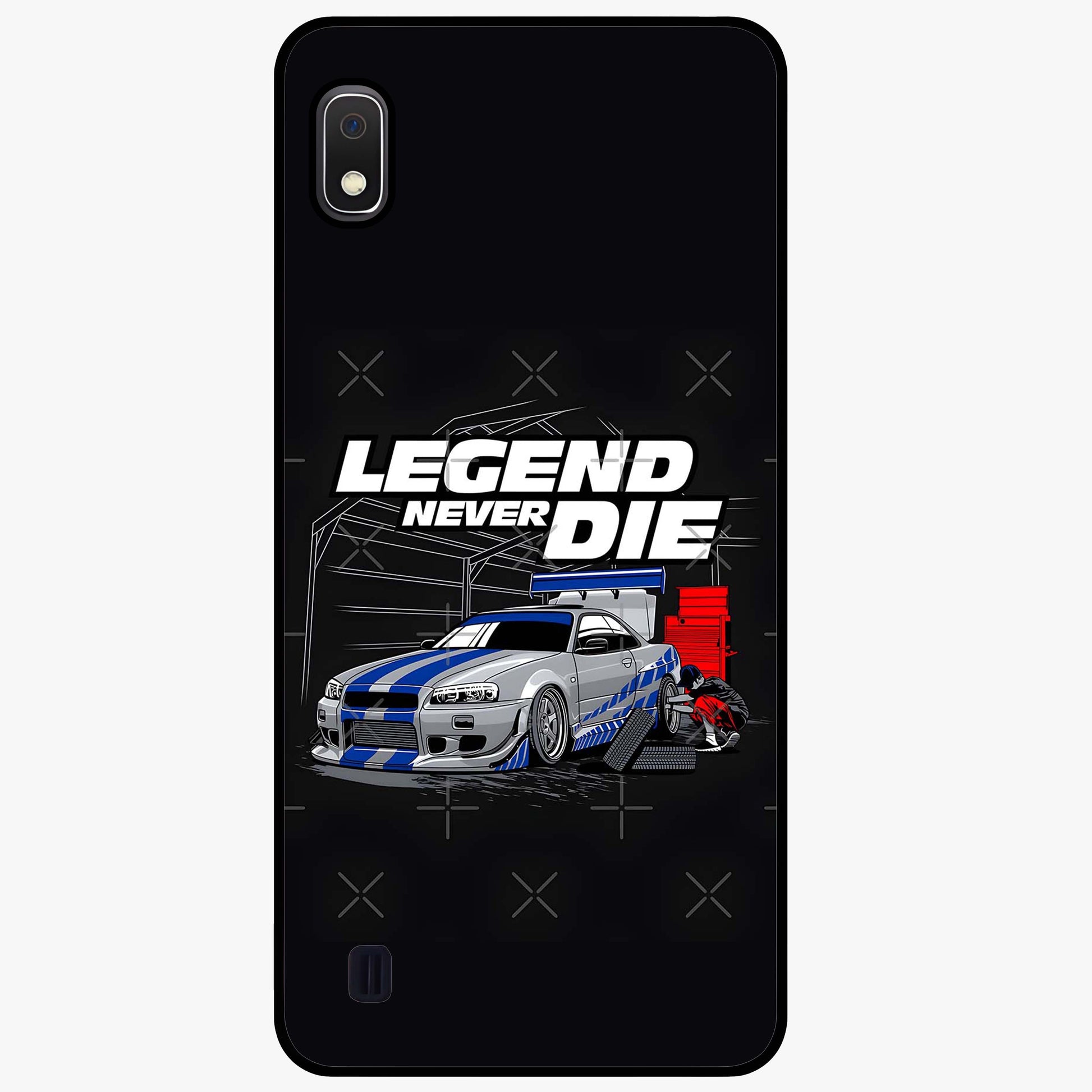 Midnight Racing Legacy Glass Case showing flat back view with sleek racing inspired artwork and glossy glass finish.