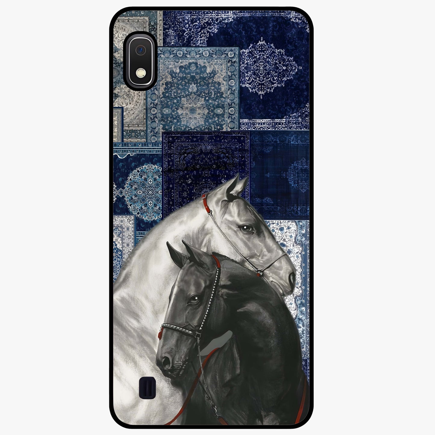 Midnight Stallion Blues Glass Case showing flat back view with majestic horse artwork and glossy glass finish.