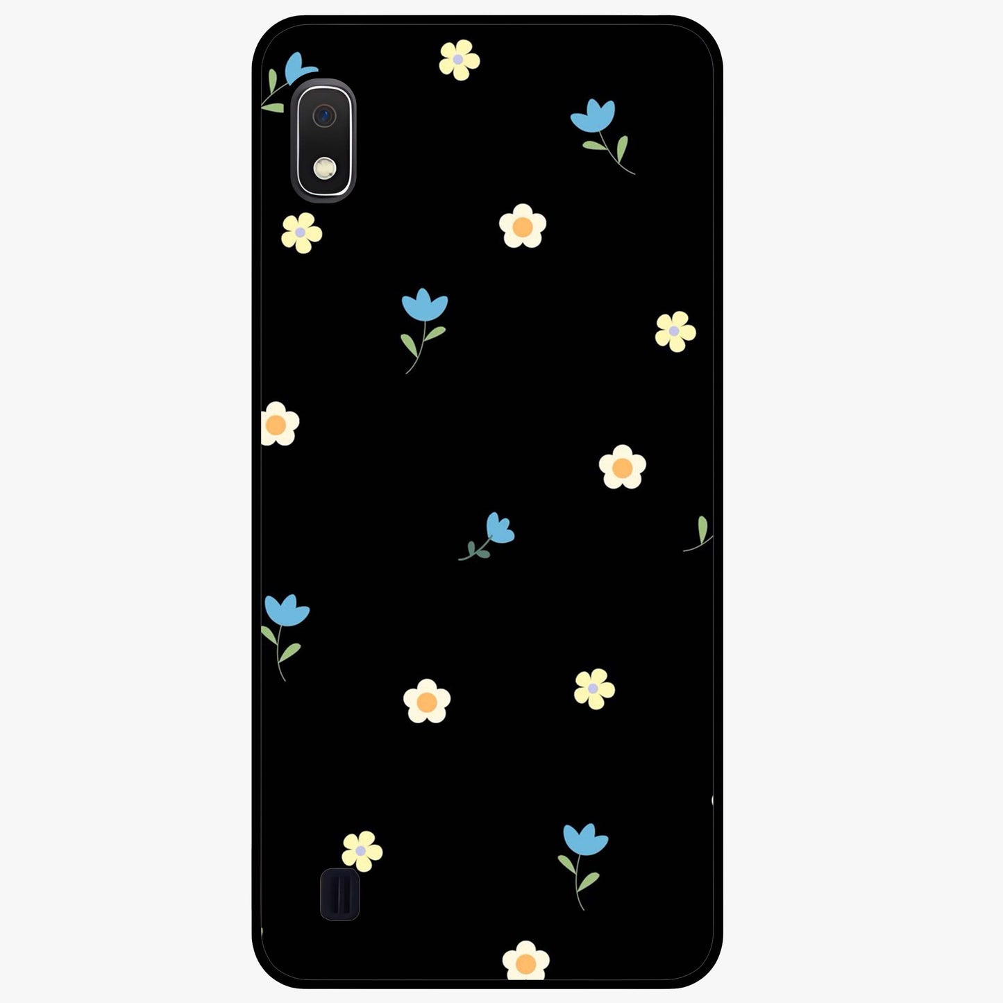 Minimalistic Blue With White Flower Pattern Glass Case showing flat back view with blue background and white flower pattern and glossy glass finish.
