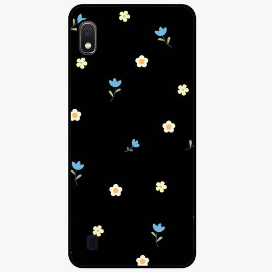Minimalistic Blue With White Flower Pattern Glass Case showing flat back view with blue background and white flower pattern and glossy glass finish.