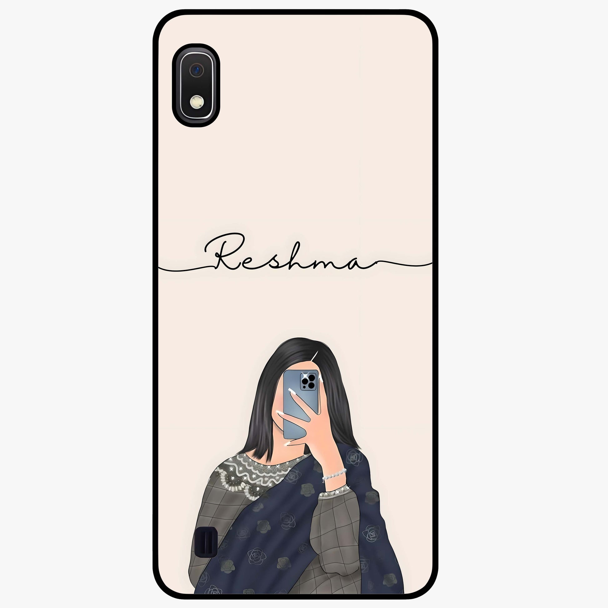 Mirror Mood Muse With Custom Name Glass Case showing flat back view with stylish mirrored artwork and personalized name design.