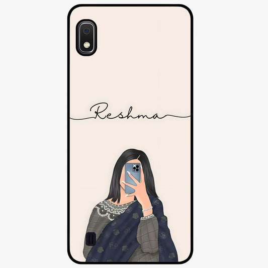 Mirror Mood Muse With Custom Name Glass Case showing flat back view with stylish mirrored artwork and personalized name design.