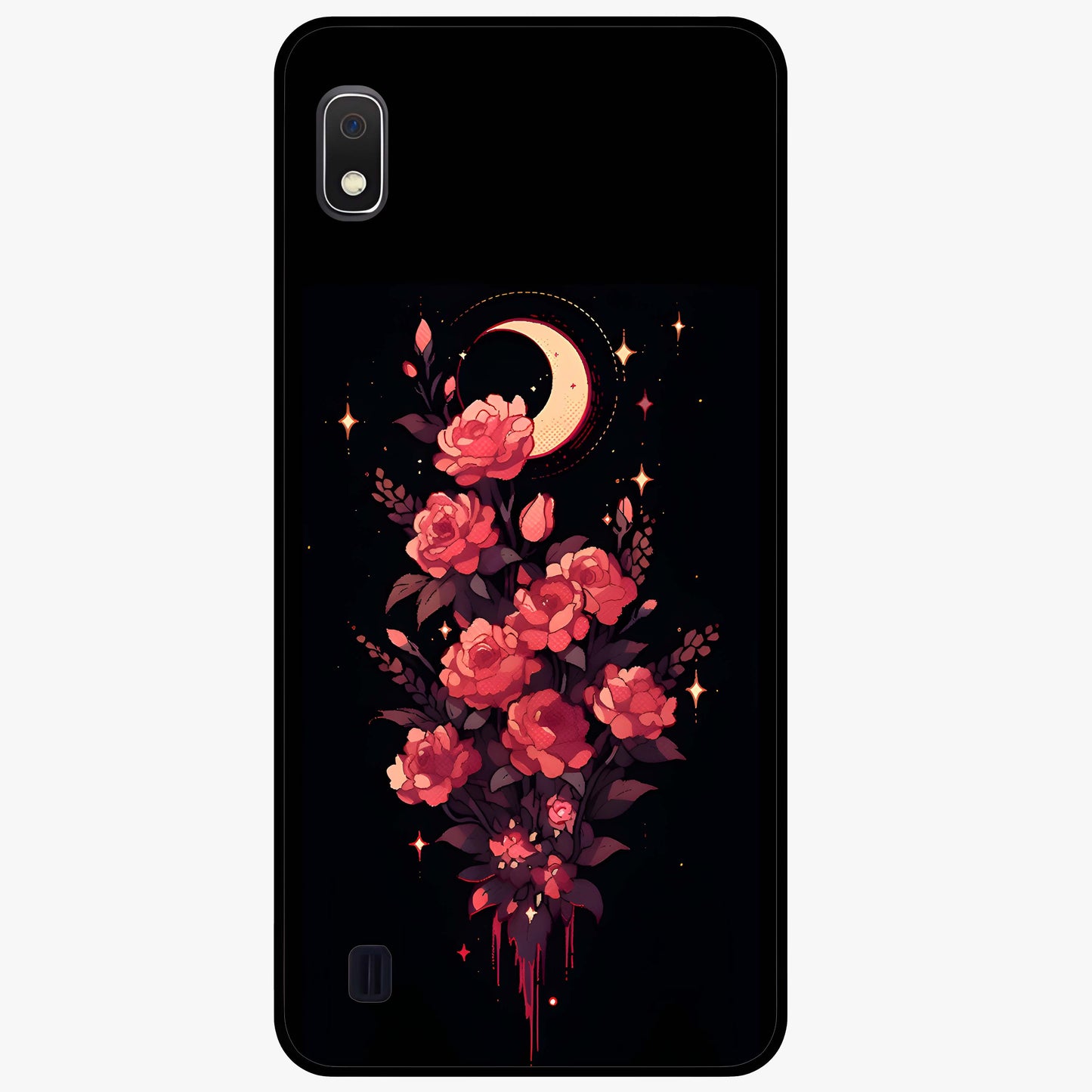Moonlit Floral Elegance Glass Case showing flat back view with elegant floral artwork under moonlit tones and glossy glass finish.