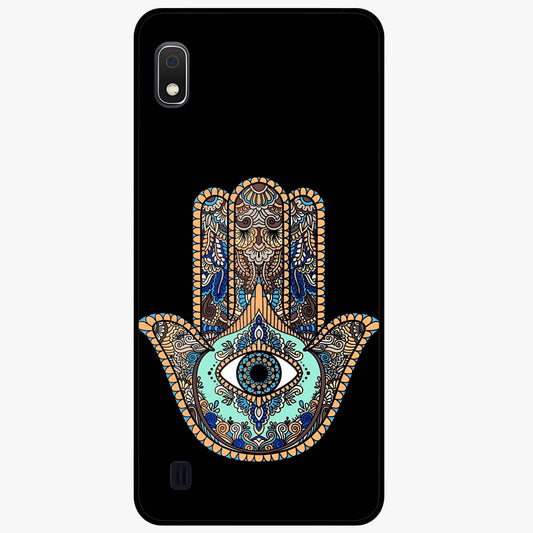 Mystic Hamsa Eye Glass Case showing flat back view with protective hamsa hand and evil eye artwork and glossy glass finish.
