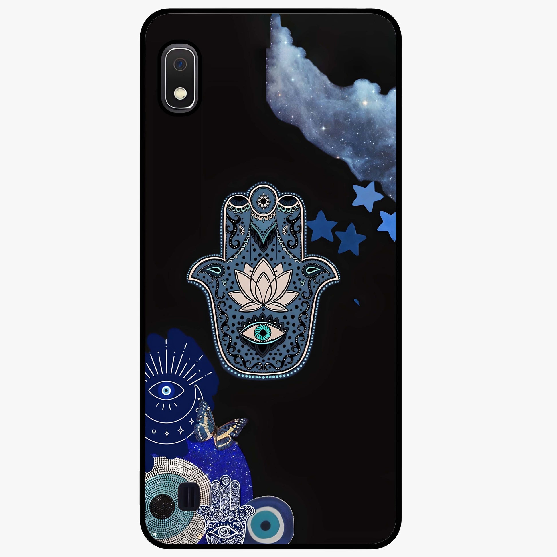 Mystic Hand Aura Glass Case showing flat back view with mystical hand symbol artwork and glossy glass finish.