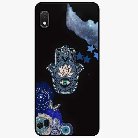 Mystic Hand Aura Glass Case showing flat back view with mystical hand symbol artwork and glossy glass finish.