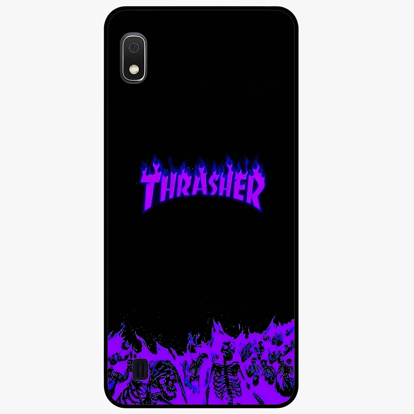Neon Flame Riot Glass Case showing flat back view with neon flame artwork and glossy glass finish.