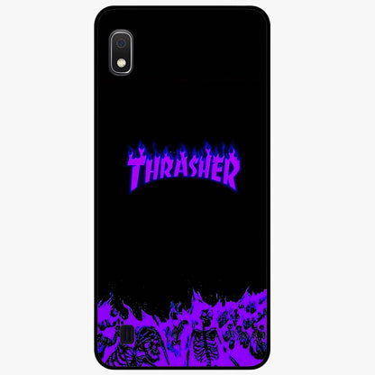 Neon Flame Riot Glass Case showing flat back view with neon flame artwork and glossy glass finish.