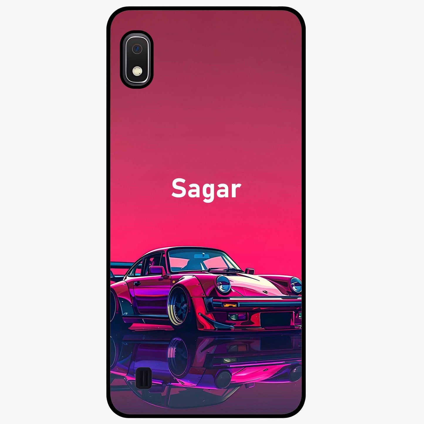 Neon Pink Porsche Glass Case showing flat back view with stylish sports car artwork and glossy glass finish.