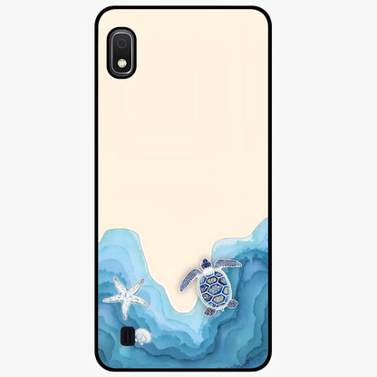Ocean Drift Turtle Glass Case showing flat back view with sea turtle artwork and glossy glass finish.