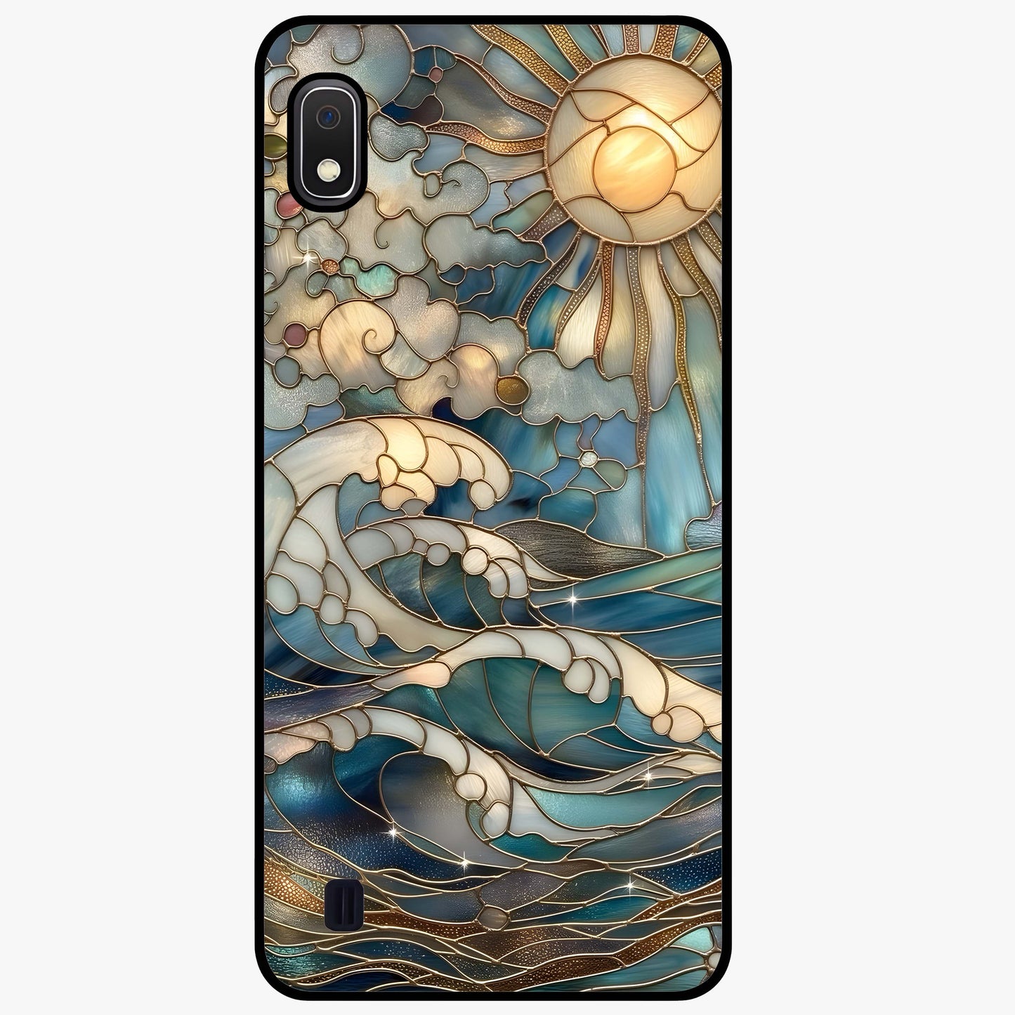 Oceanic Stained Printed Glass Case showing flat back view with ocean inspired stained pattern artwork and glossy glass finish.