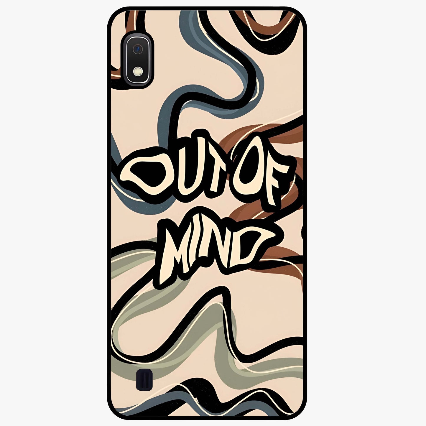 Out Of Mind Glass Case showing flat back view with expressive typography artwork and glossy glass finish.