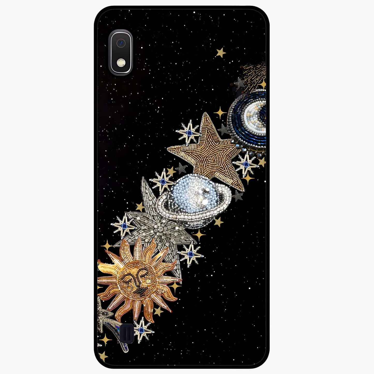 Pearls Universe Object Glass Case showing flat back view with pearl inspired cosmic artwork and glossy glass finish.