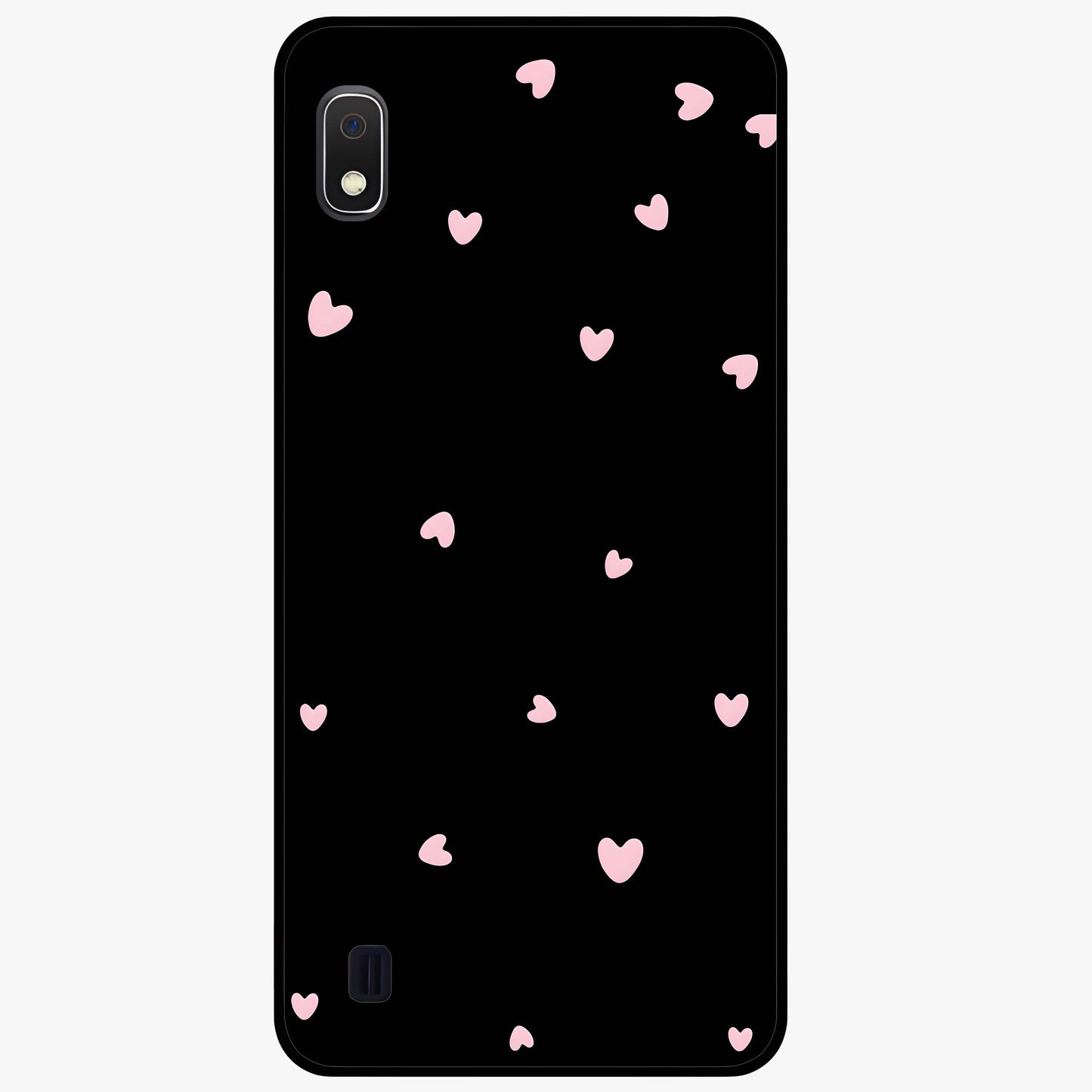 Pink Love Drops Glass Case showing flat back view with playful pink heart drops artwork and glossy glass finish.