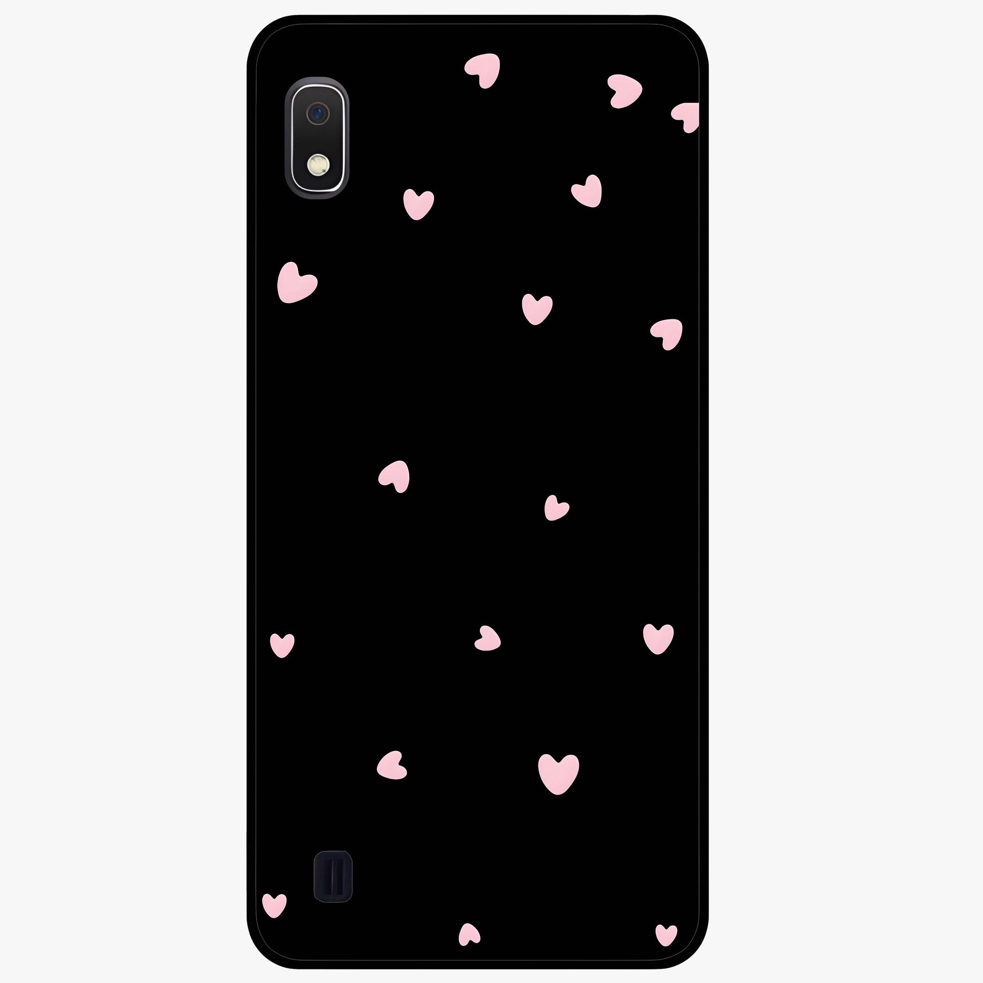 Pink Love Drops Glass Case showing flat back view with playful pink heart drops artwork and glossy glass finish.