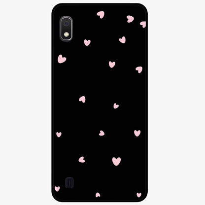 Pink Love Drops Glass Case showing flat back view with playful pink heart drops artwork and glossy glass finish.