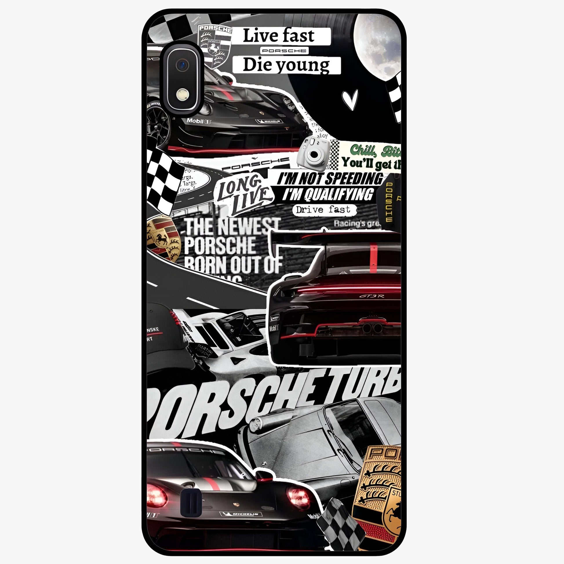 Porsche Racing Collage Glass Case showing flat back view with sports car racing collage artwork and glossy glass finish.