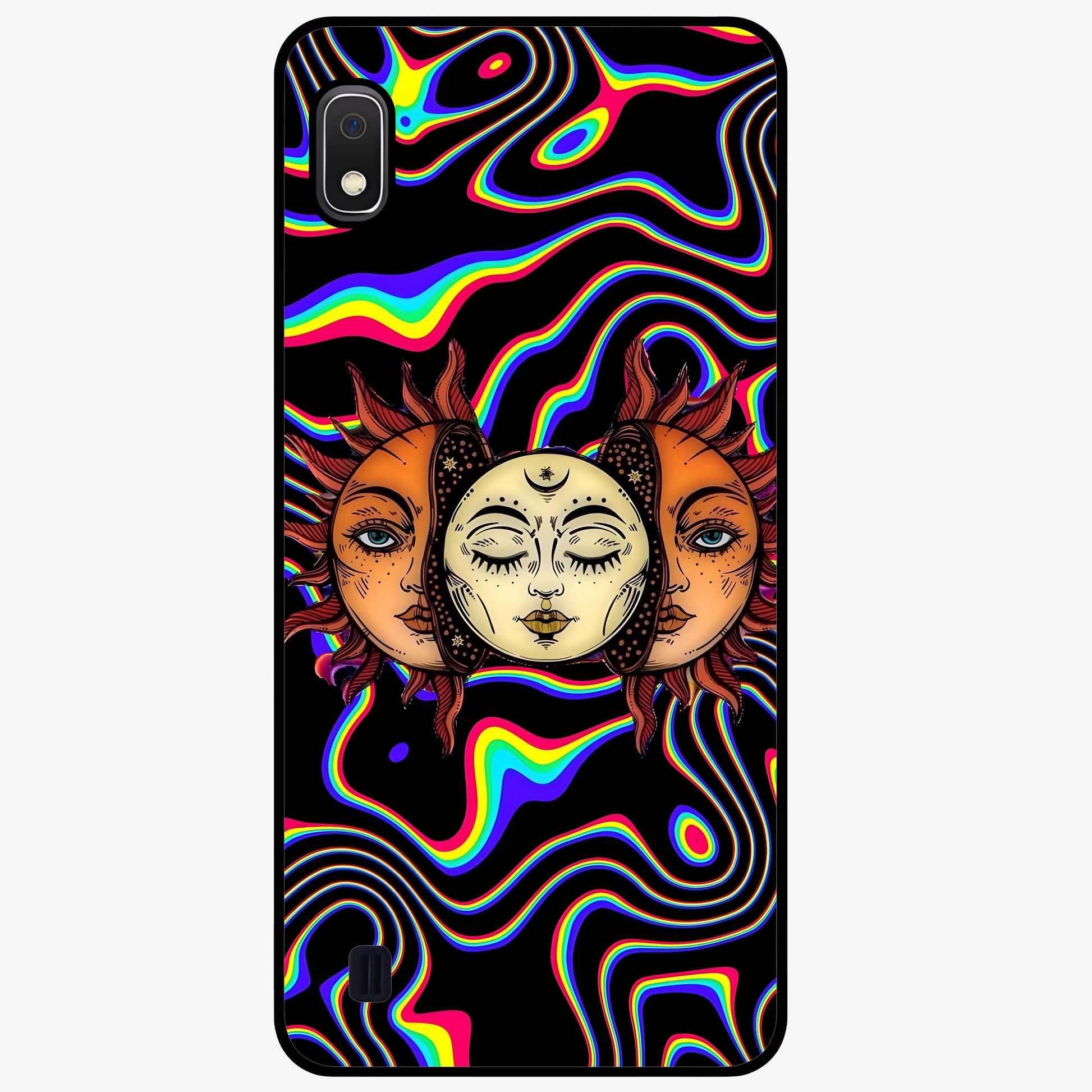 Psychedelic Sun Glass Case showing flat back view with colorful psychedelic sun artwork and glossy glass finish.